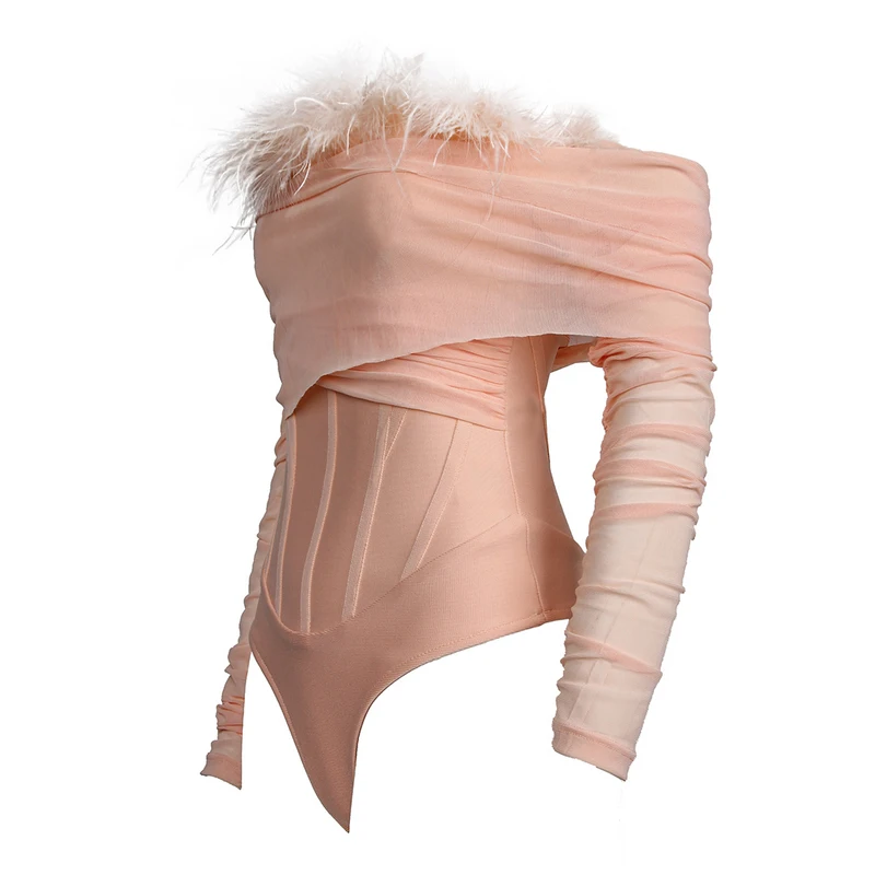 Women Sexy Pink Feather Off Shoulder Long Sleeve Bandage Bodysuits Winter 2021 New Women's Club Party Skinny Rompers Bodysuits crotchless bodysuit