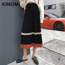 KINOMI зимние женские повседневные теплые лоскутные вязаные длинные юбки с высокой талией Harajuku тюлевые трапециевидные женские юбки до середины икры