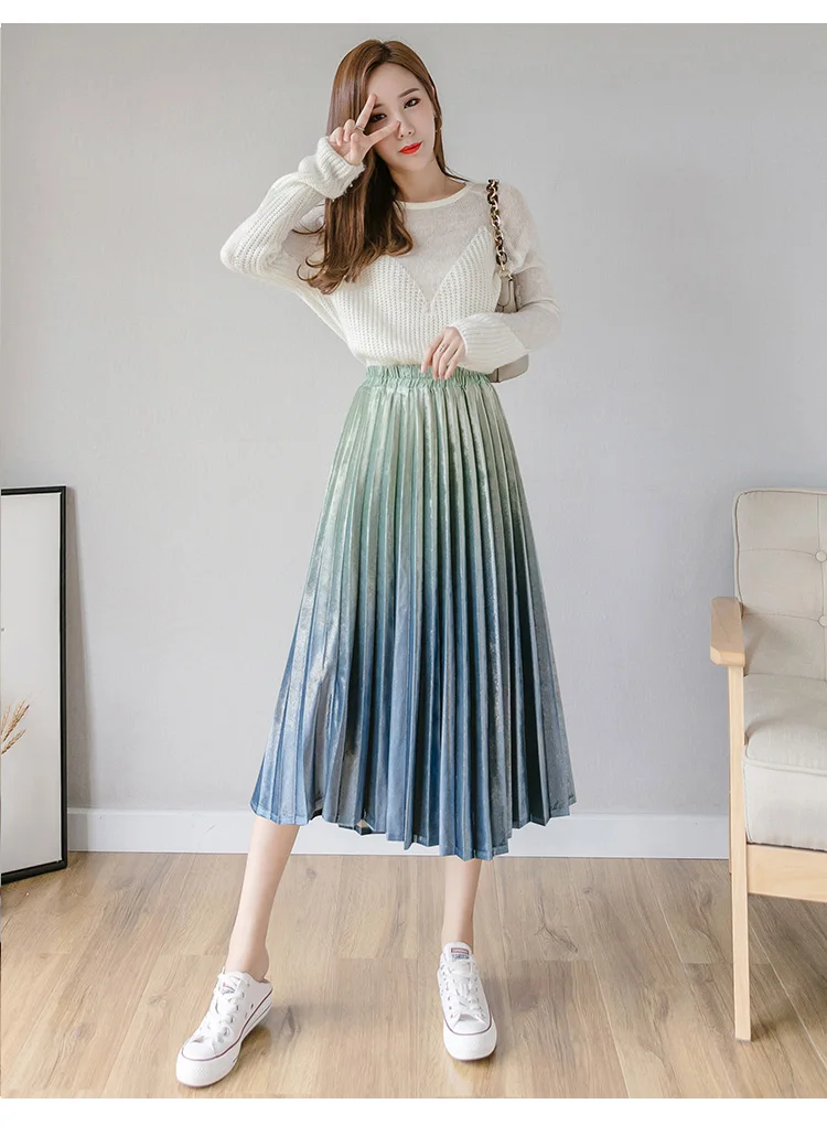 Осень 2019 года юбка плиссе звездный градиент юбка женская ярко-шелковая высокая талия хипстер юбка длинная дикая длинная секция