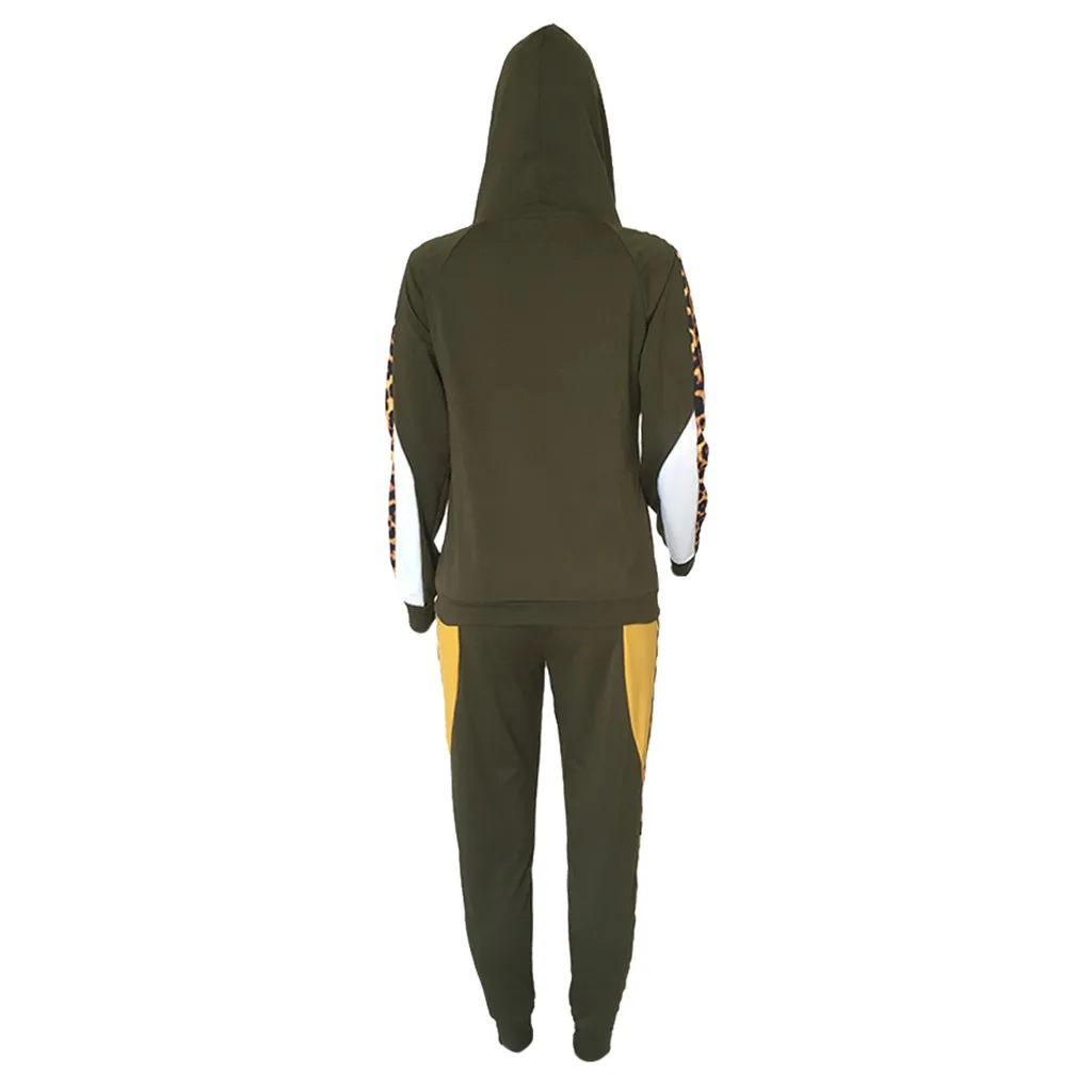 womens tracksuit autumn winter Womens Leopard Print Long Sleeve And Pants Casual Hooded Zipper Set#D