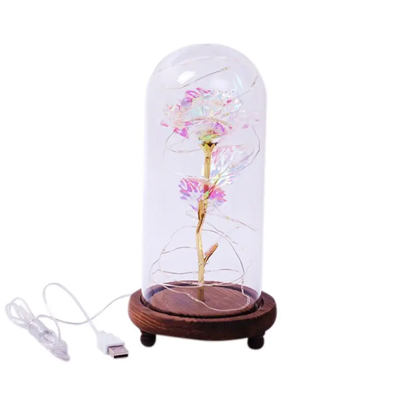 HwArtificial Золотая фольга цветок розы USB питание светодиодный светильник в стеклянном куполе на деревянной основе лучший подарок для женщин - Цвет: B