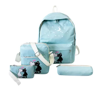 

Backpack Women Four-Piece Backpack Printed Cat Backpack Travel Student Bag Teenage Girls School Bag школьный рюкзак
