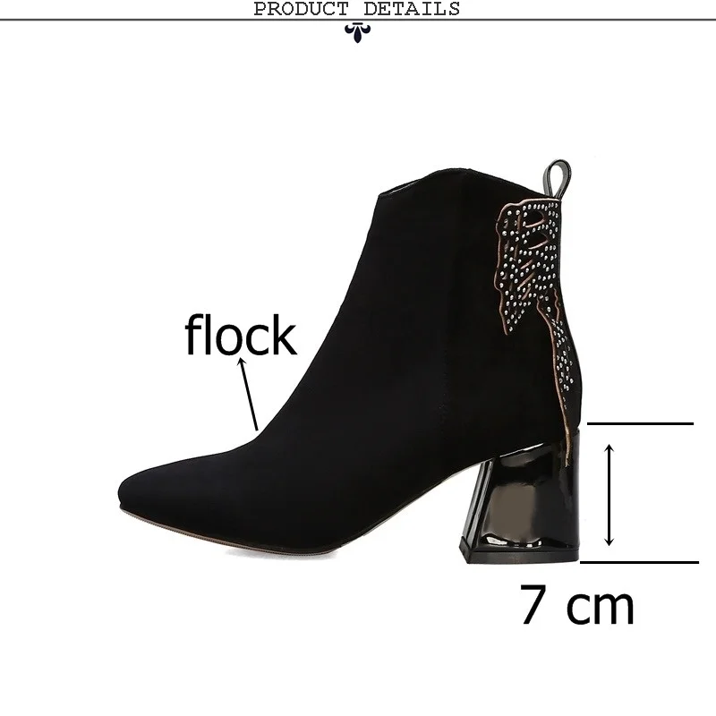 EGONERY/Новые модные зимние ботильоны с квадратным носком; женская обувь из флока на высоком каблуке с молнией и кристаллами; Прямая ; размеры 32-45