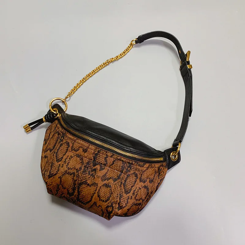 Brown Snake Pattern Сумки из телячьей кожи с цепочкой из конского волоса, на грудь, на талию, на пояс, Сумки из натуральной кожи, сумки через плечо для женщин - Цвет: Brown Snake Pattern