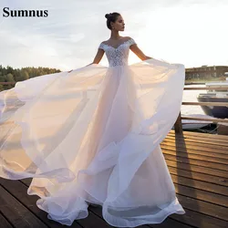 Sumnus Beach Boho Wedding Dresses Cap Sleeve Illusion Button lace Appliques Tulle Bridal Dress Custom Made