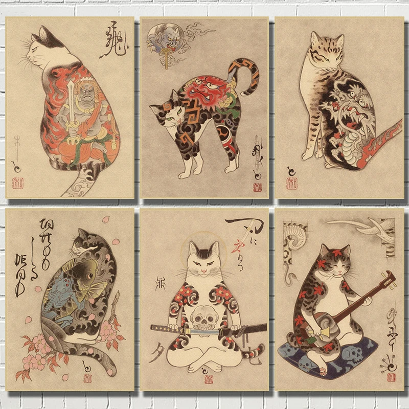 Japanese samurai cat tattoo vintage poster wall art sticker painting living room bedroom print picture
