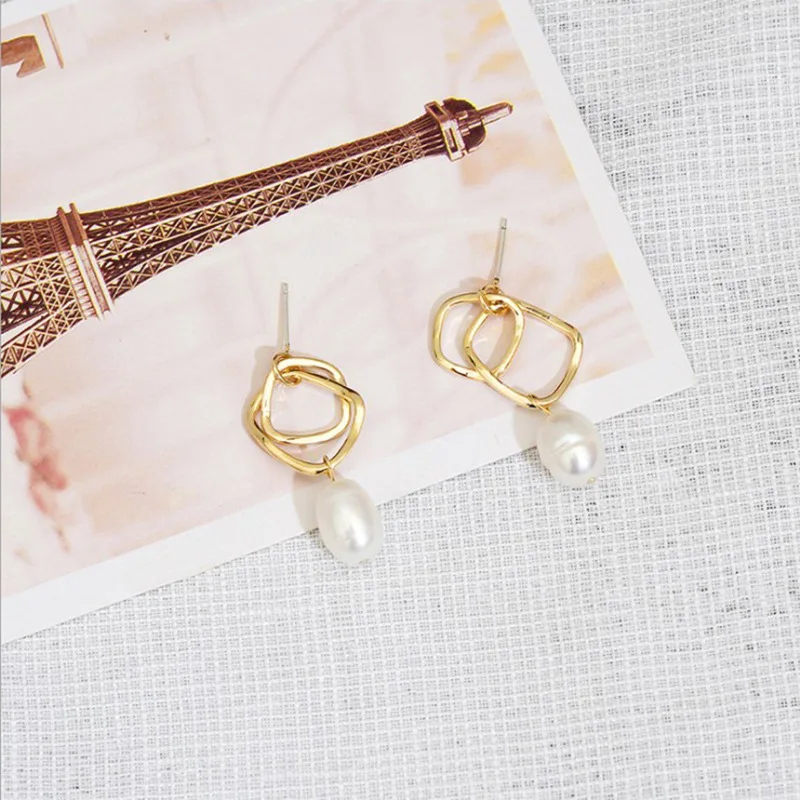 

S925 Silver Needle Normcore Style Natural Pearl Double Layer Geometry Metal South Korea Dongdaemun INS Celebrity Style Earrings