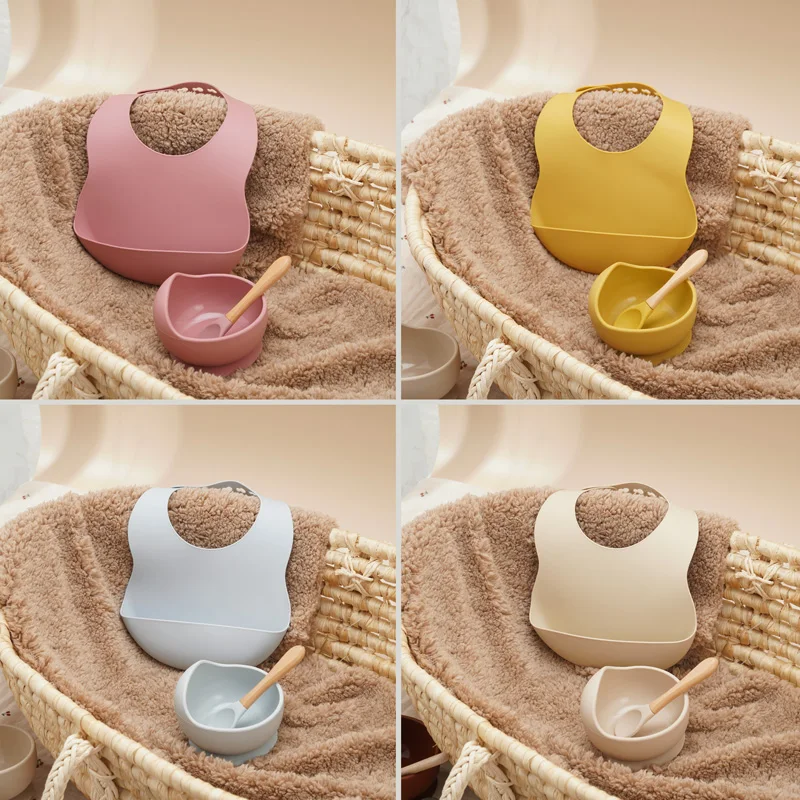 Children's Tableware Soild Food Training Waterproof Baby Bibs Infant Sucker Feeding Bowl And Wooden Handle Spoon Set Baby Stuff 5