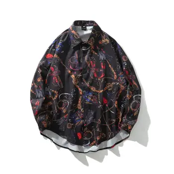 

new social long sleeve designer print shirts men loose vintage young men's fashion shirt man casual homme camisa masculina
