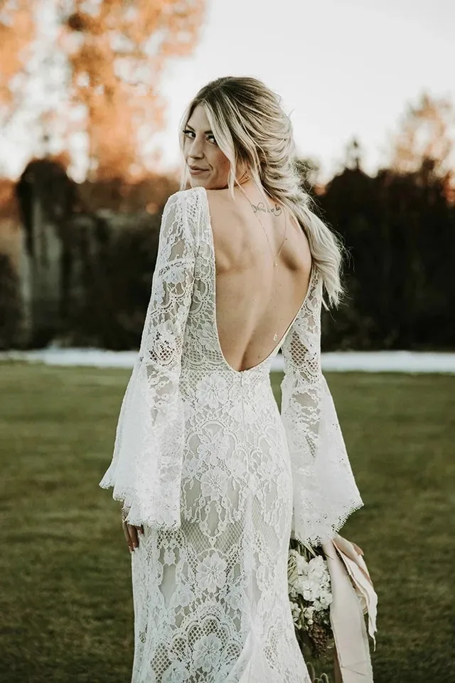 chinese dress ladies Long Sleeves A-line Lace Tulle Country Wedding Dresses – ClaireBridal main image 0