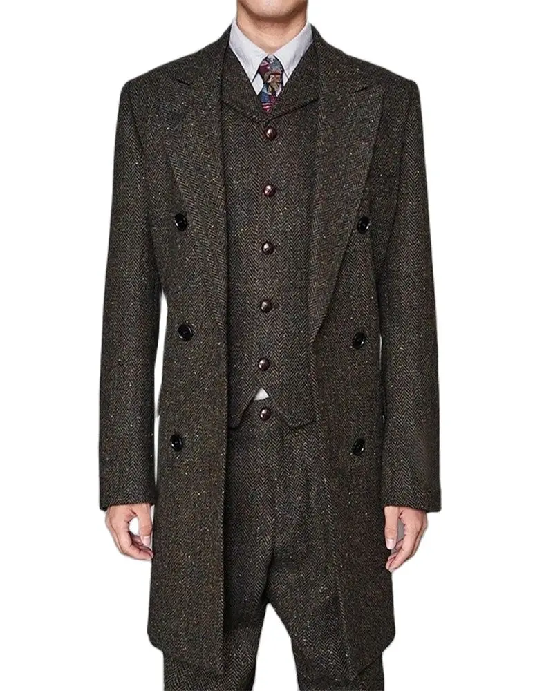 

Long Style Man’s Coffee Blazer Trousers Colorful Herringbone Vintage Vest Suits Prom Dresses Groom Wear 3Pcs(Jacket+Vest+Pants)