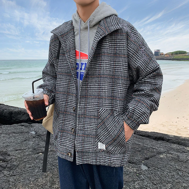 Korean Men Women Plaid Jackets Shoulder Letter Embroidery lovers Coats Autumn Winter Man Jacket Casual Clothes Plus Size - Color: Navy Blue