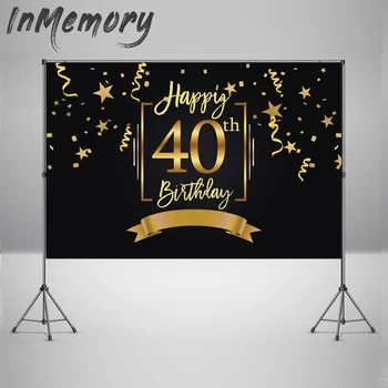 

Custom 40th Birthday Photography Backdrops Black and Gold Stars Ribbons Glitter Backdrops for photo studio Party Banner