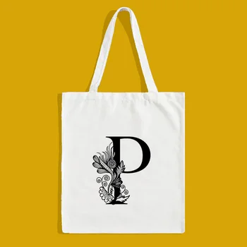 

Art Alphabet Canvas Tote Bag Letter Print Shopping Bag Text DIY Custom Print Logo Ecological Reusable Handbag Daily Use