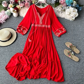 

JoinYouth V Neck Bohemian Women Dress Red Print Loose Vestidos Vintage 2020 Spring Summer V Neck Long Dresses Ruffles J693