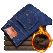 2021 Autumn Winter New Men'S Plus Fleece Warm Jeans Business Casual Loose Straight Stretch Denim Trousers Brand Male Fit Pants
