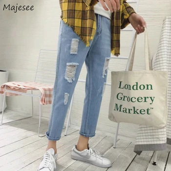 

Men Jeans Holes Ankle-length Harajuku Ins BF Big Size Loose Casual Chic Mens Denim Straight Trousers Korean Style All-match New
