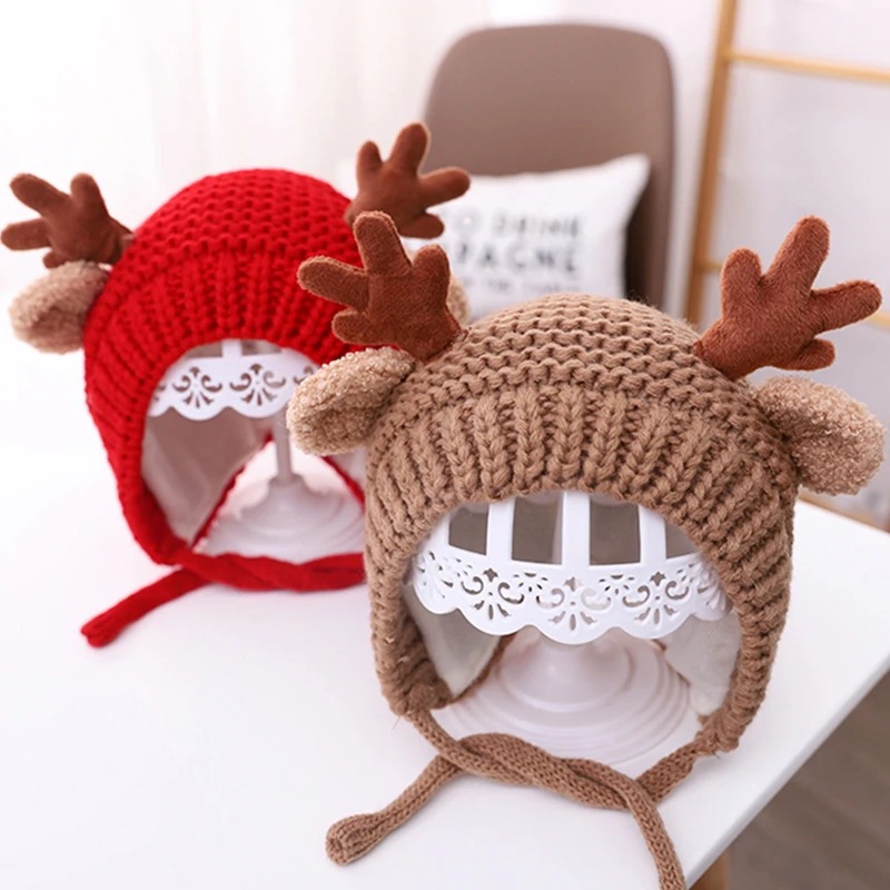 Cute Deer Elk Antlers Baby Hat Winter Warm Plush Knitted Ear Warmer Children Hat Bonnet Boys Girls Cap Beanie Christmas Hats