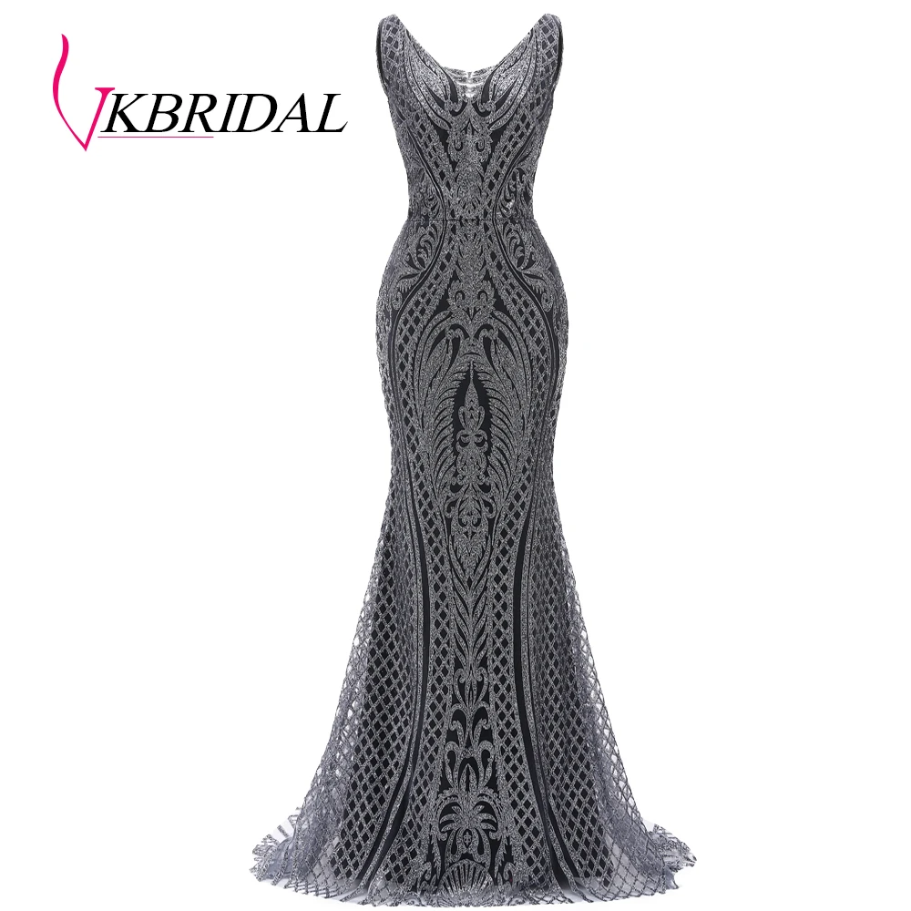 VKBRIDAL, блестящие вечерние платья русалка, длинные,, узор, расшитый бисером, кристалл, серый, официальное платье de soiree с v-образным вырезом на спине
