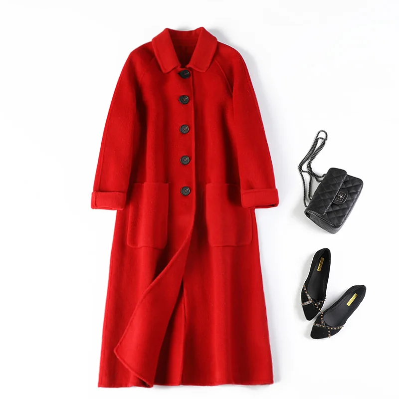 New Double-sided Wool Overcoat Long Thick Cashmere Show Skinny Knee Solid Mandarin Collar Wide-waisted Autumn Coat Women