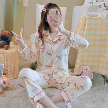 

XIZOU Pajama Sets Long Sleeve Women Autumn 2XL Printed Korean Style Sleepwear Cardigans Students Stylish Womens Pyjamas Pijama