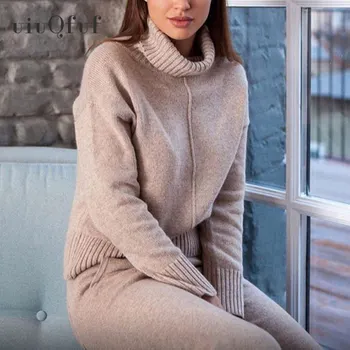 

Tracksuit Women 2 pieces sets Autumn winter Turtleneck Pullovers And Long Knitted Pants Knitted Suits