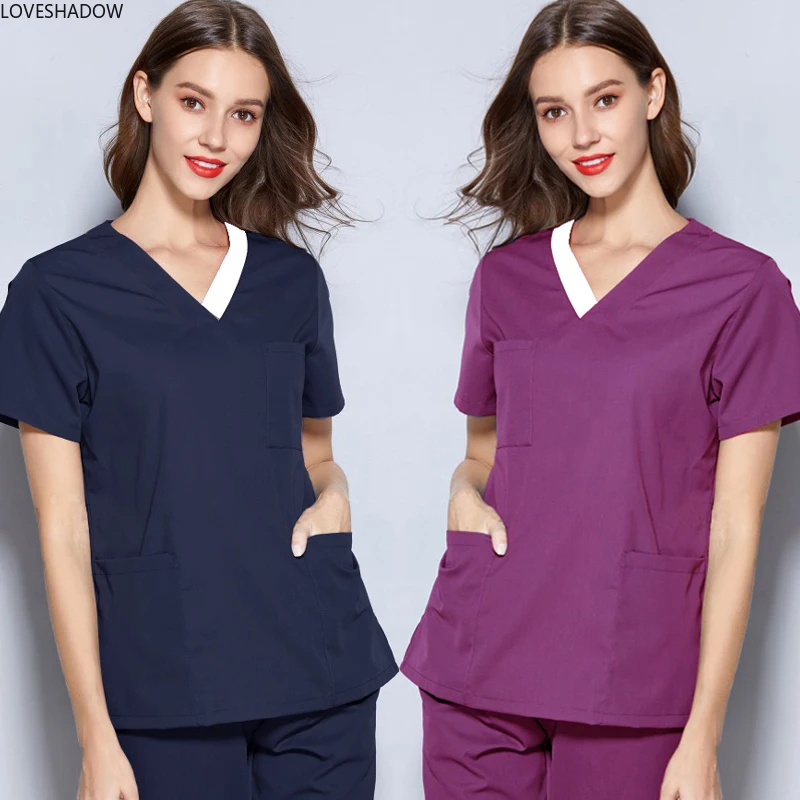 

Medical Clothes Women V Collar Scrub Top Pure Cotton Short Sleeve Top Elastic Belt Drawstring Pants Pharmacist Surgical Clothes