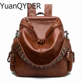 

Vintage Rivets 2020 Women Backpack Soft Leather Zipper Shoulder Bag For Girl Summer Style Female Designer School Travel Backpack