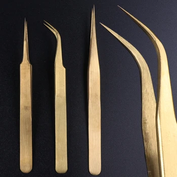 

3pcs Curved Straight Tweezers For Eyelash Extension Nail Rhinestone Decor Picker Gold Lash Curler Forceps Nail Art Tools SA774-1