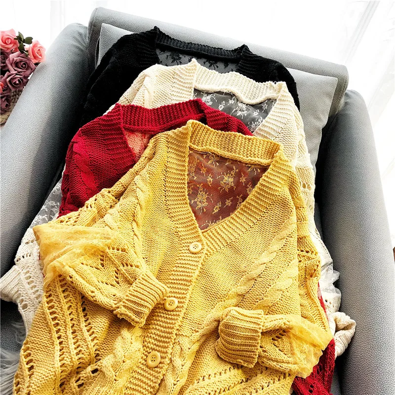 New Spring Openwork Knitted Cardigan Women's Pure Color Lace Stitching Knitwear Loose Sweaters Female Autumn Coats