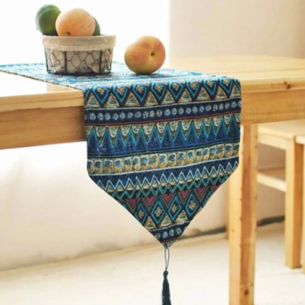 Southeast Asia Style Mixed Geometric Stripes Table Runner Flag Bohemian Cotton Washable Tablecloth with Tassels Dresser Scarf