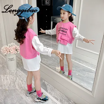 

Longqibao Girls Cotton Set 2020 Spring New Fashion Korean Sweater Personality Vest Two-piece Children's Clothes Girls Clothes