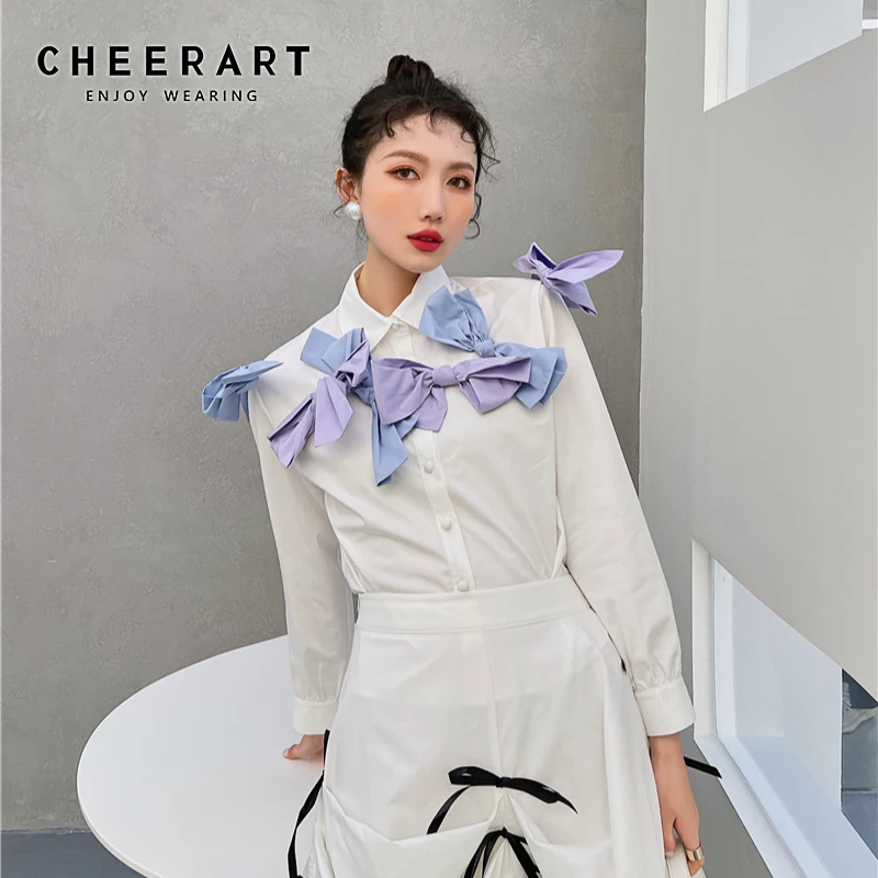 Женская рубашка с бантом CHEERART белая длинным рукавом и воротником на пуговицах