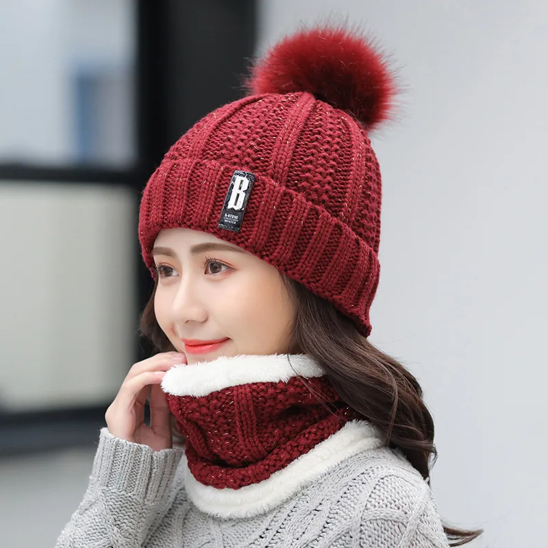New Winter Hat Scarf Set For Ladies Girls Fashion Cotton Warm Pom Poms Hat+ Scarf 8 Color Cute Women Hat Scarf Set