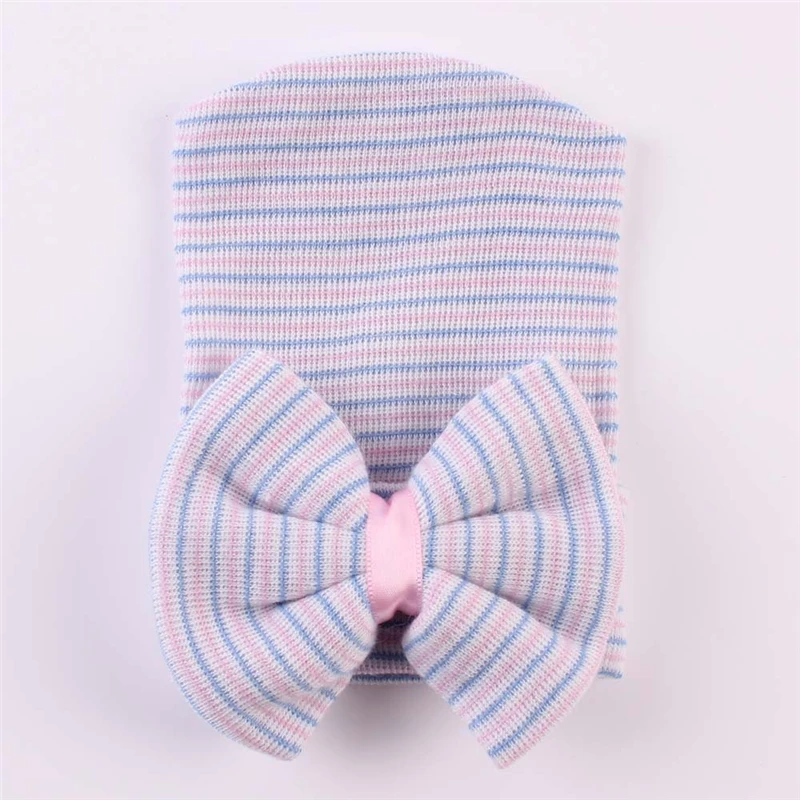 0-6M Newborn Baby Crochet Stripe Hats with Big Bow Baby Girl Infant Soft Knitting Cotton Caps Autumn Winter Warm Cap KBH80 baby accessories bag	 Baby Accessories