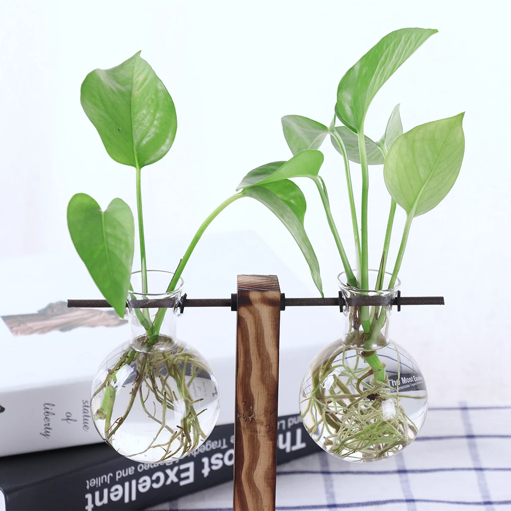 1 Set Hanging Glass Flower Vase Micro Landscape Fairy Garden Terrarium with Wood Stand, Borosilicate Heat-resistant Glass