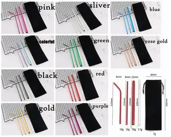 

200set 304 Stainless Steel Straw Metal Straws 215*6mm Reusable Straw Drinking Straws Set Brush Bag 4pcs/set