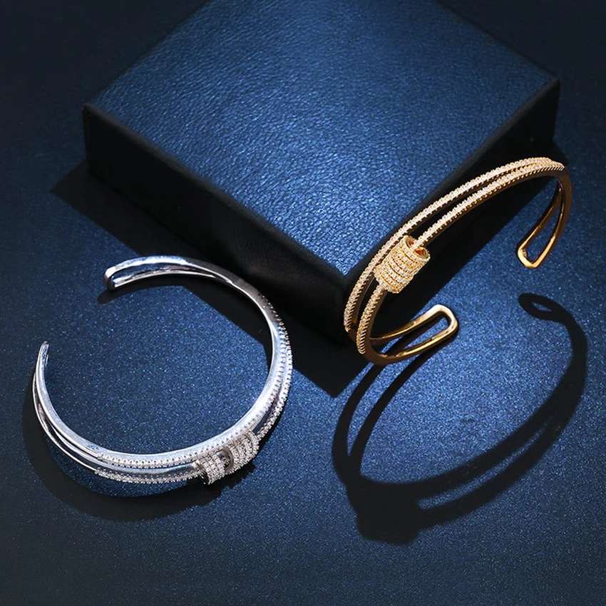 

Adjustable Gold/Silver Color Cuff Bracelet Bangles for Women AAA White Cubic Zircon Fashion Bracelets