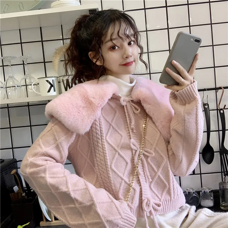 Pink Г. Зимний милый свободный свитер, куртка повседневное корейское вязаное пальто с длинными рукавами и меховым воротником и бантом для девочек - Цвет: Pink