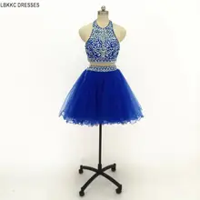 Королевское Синее Короткое платье с кристаллами из двух частей, платье для выпускного вечера, красные вечерние платья из тюля с бисером и кристаллами, выпускное платье, платья для подростков