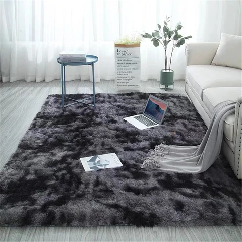 Rectangle Carpet With Long Pile Tie Dyeing Gradient Fluffy Rug Fuzzy Bedroom Modern Nodic Style Coffee Table Mat Grey 140x200 CM