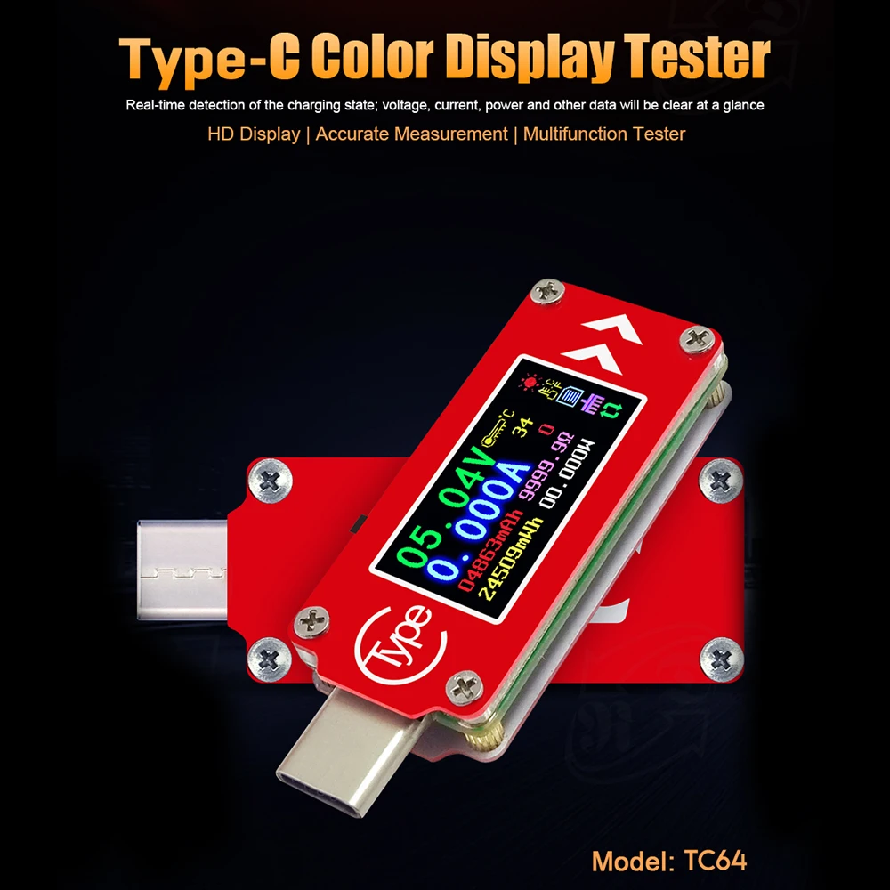 Мультиметр TC64 Тип-C Цвет ЖК-дисплей USB Вольтметр Амперметр Напряжение измеритель тока, для батареи PD зарядки Мощность банк USB Тестер