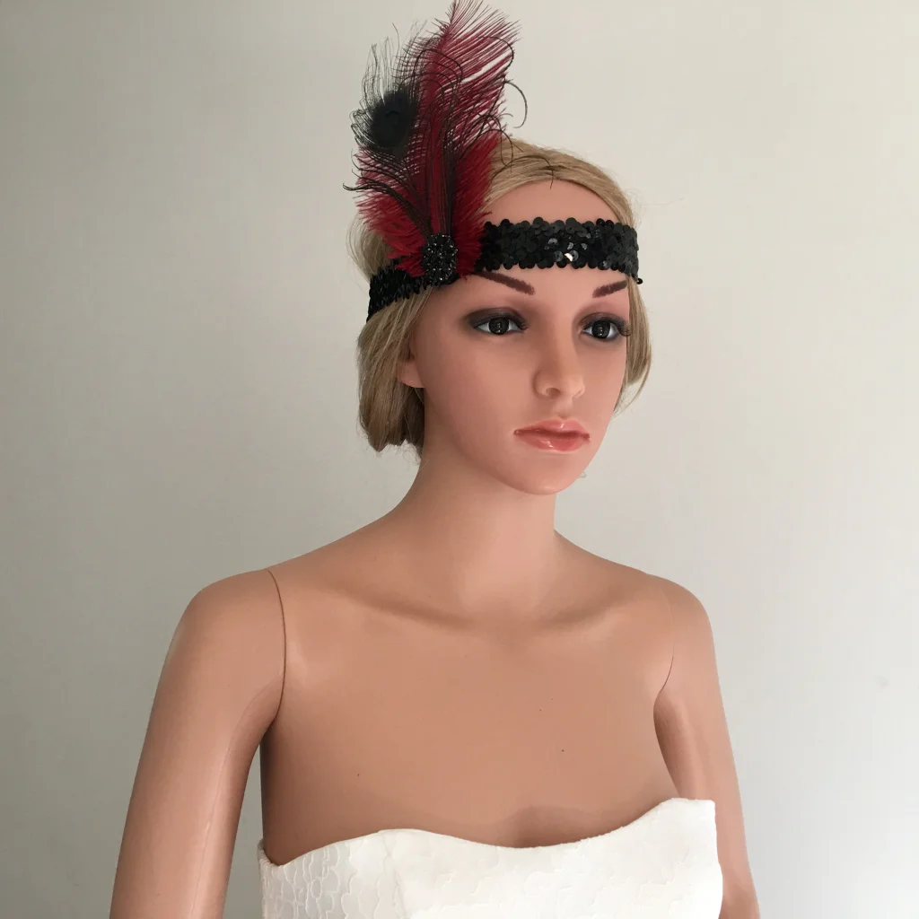 Wine Feather Flapper Headband 1920s Stretchy Headdress Charleston Headpiece
