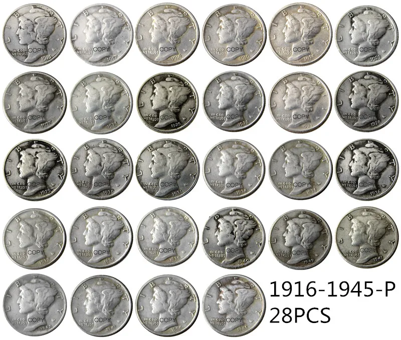 

США 1916-1945 ОСЧС 79 шт. ртутная голова десять центов (Dimes) Посеребренная КОПИЯ монета