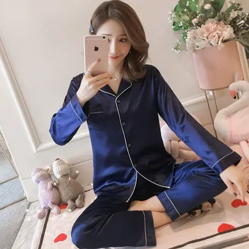 

Satin Silk Women's Pajamas Summer 2 Pcs Long Sleeve Pajamas Set Casual Loose Plus Size Sleepwear Femme Home Clothes Pyjama M-5XL