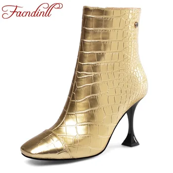 

FACNDINLL 2019 new autumn winter shoes woman genuine leather sexy high heels zipper ankle boots black gold silver big size 34-43