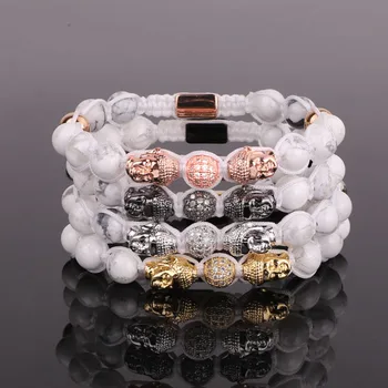 Natural Stone Beads Bracelet Women Men CZ Pave Ball Buddha Charms Howlite Beads Braided Bracelet