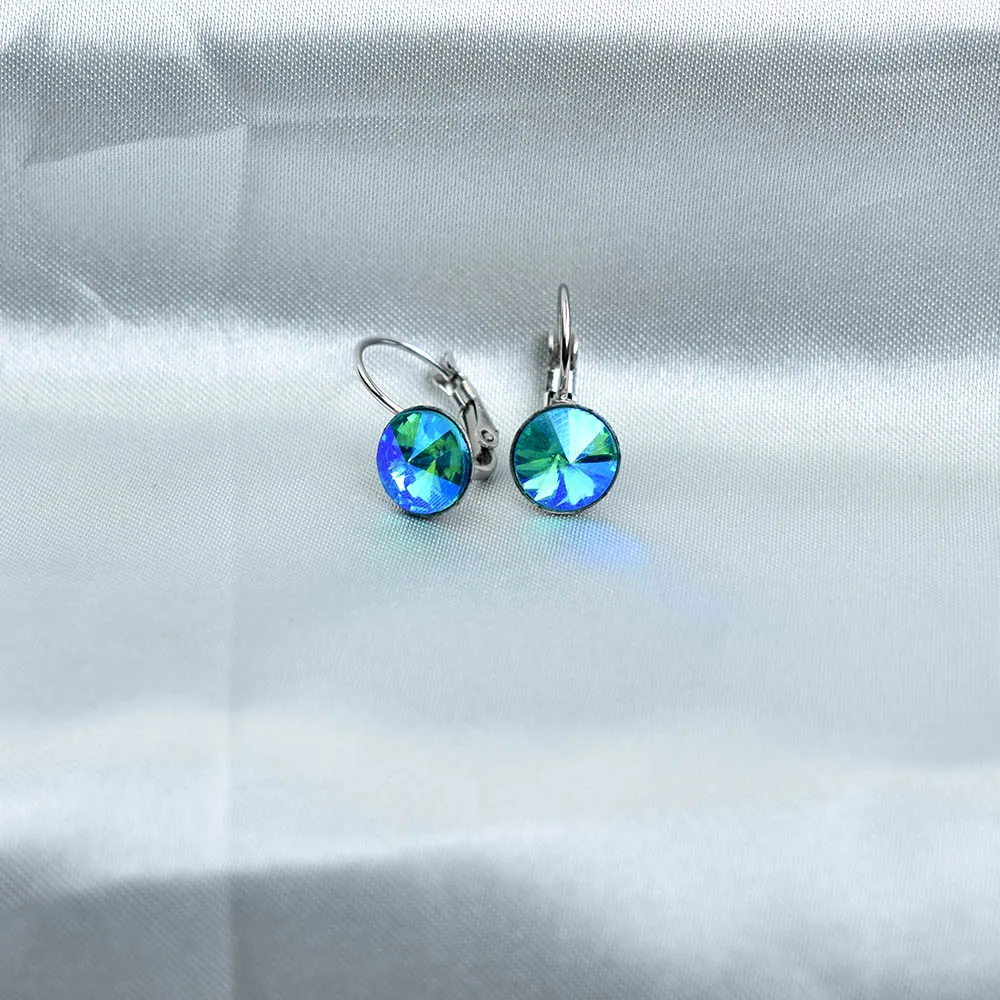 8MM Round Crystal Drop Earrings Stainless Steel Blue Geometric Jewelry Wedding Party Gift