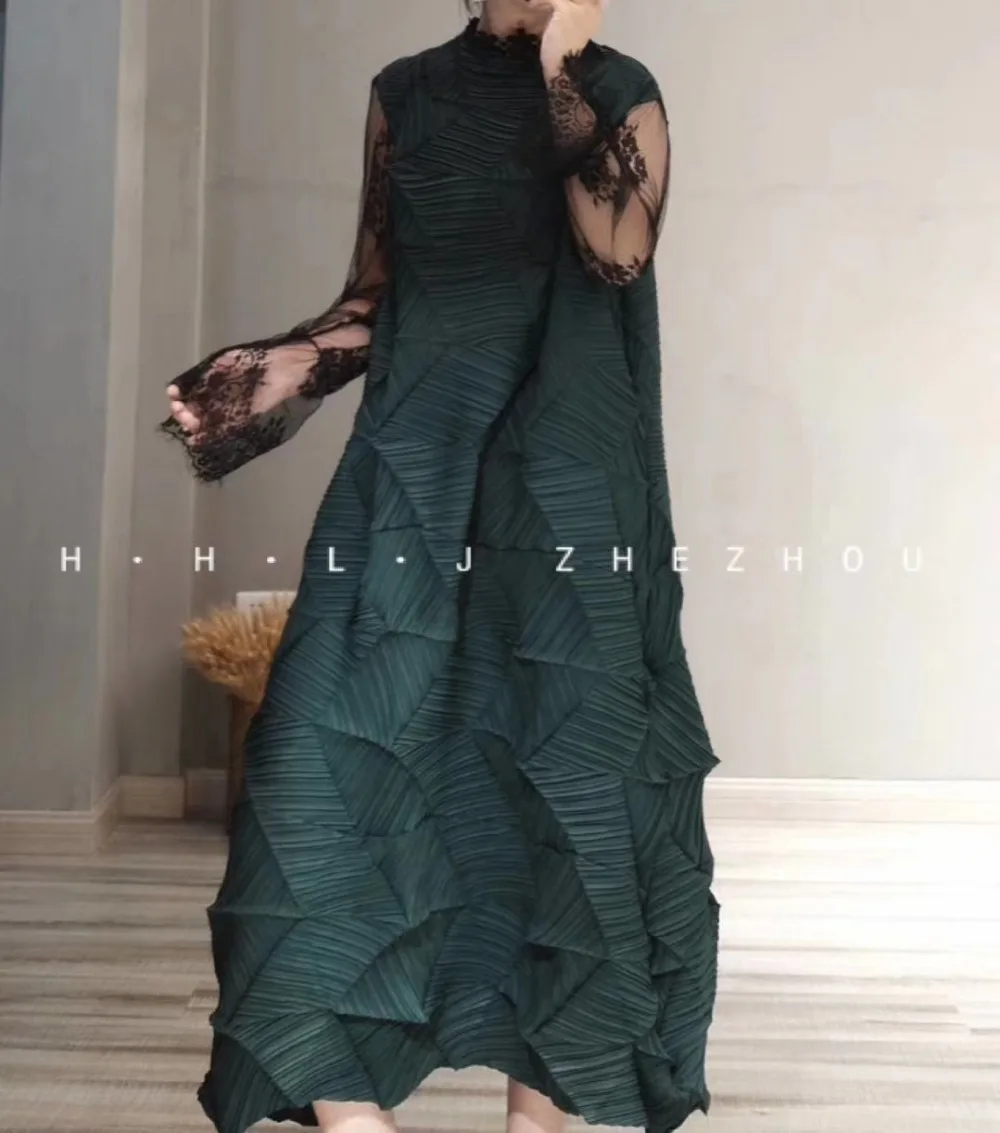 Лидер продаж Miyake модное плиссированное платье со складками с бриллиантами без рукавов сплошной цвет с воротником-стойкой, свбодная бутон платье