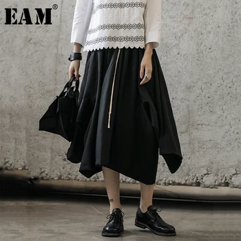

[EAM] High Elastic Waist Drawstring Pleated Asymmetrical Half-body Skirt Black Women Fashion Tide New Spring Autumn 2020 1A106